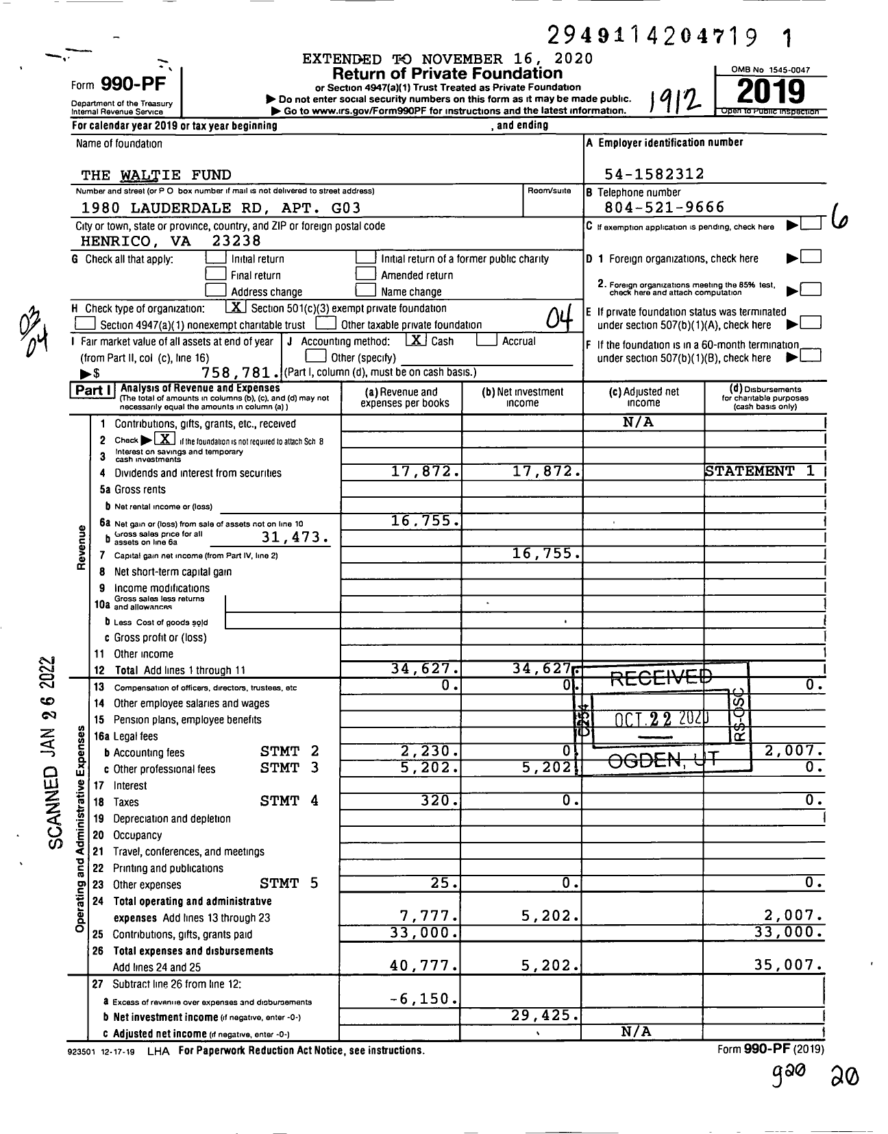 Image of first page of 2019 Form 990PF for The Waltie Fund