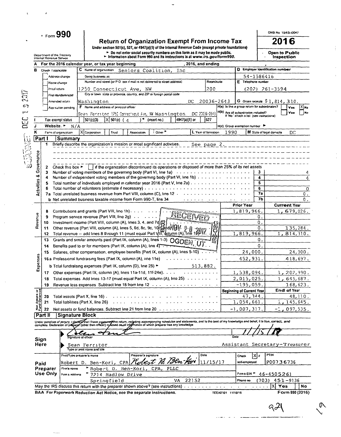 Image of first page of 2016 Form 990O for Seniors Coalition