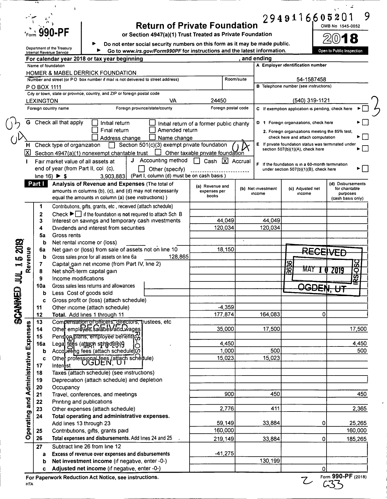 Image of first page of 2018 Form 990PF for Homer and Mabel Derrick Foundation