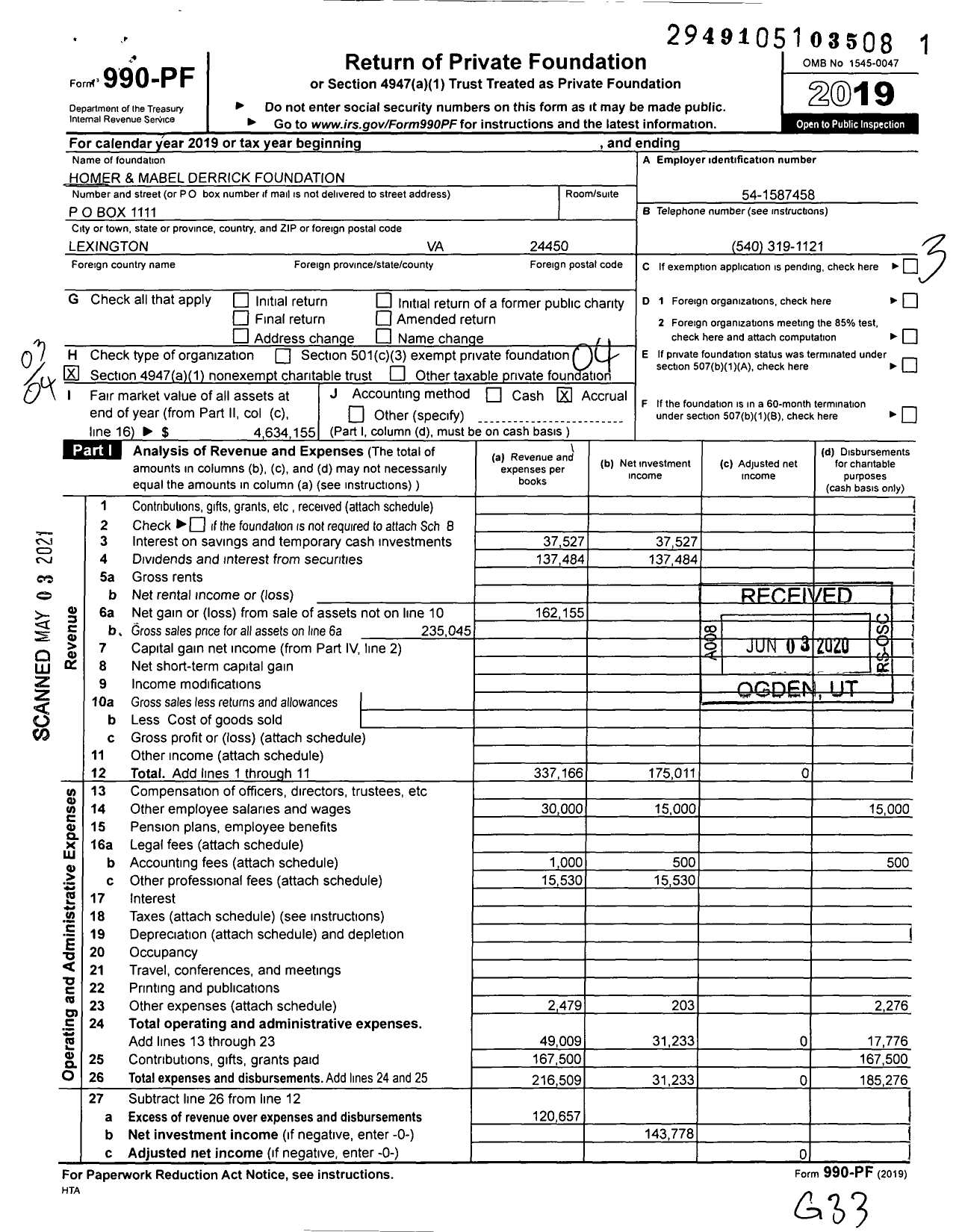 Image of first page of 2019 Form 990PF for Homer and Mabel Derrick Foundation