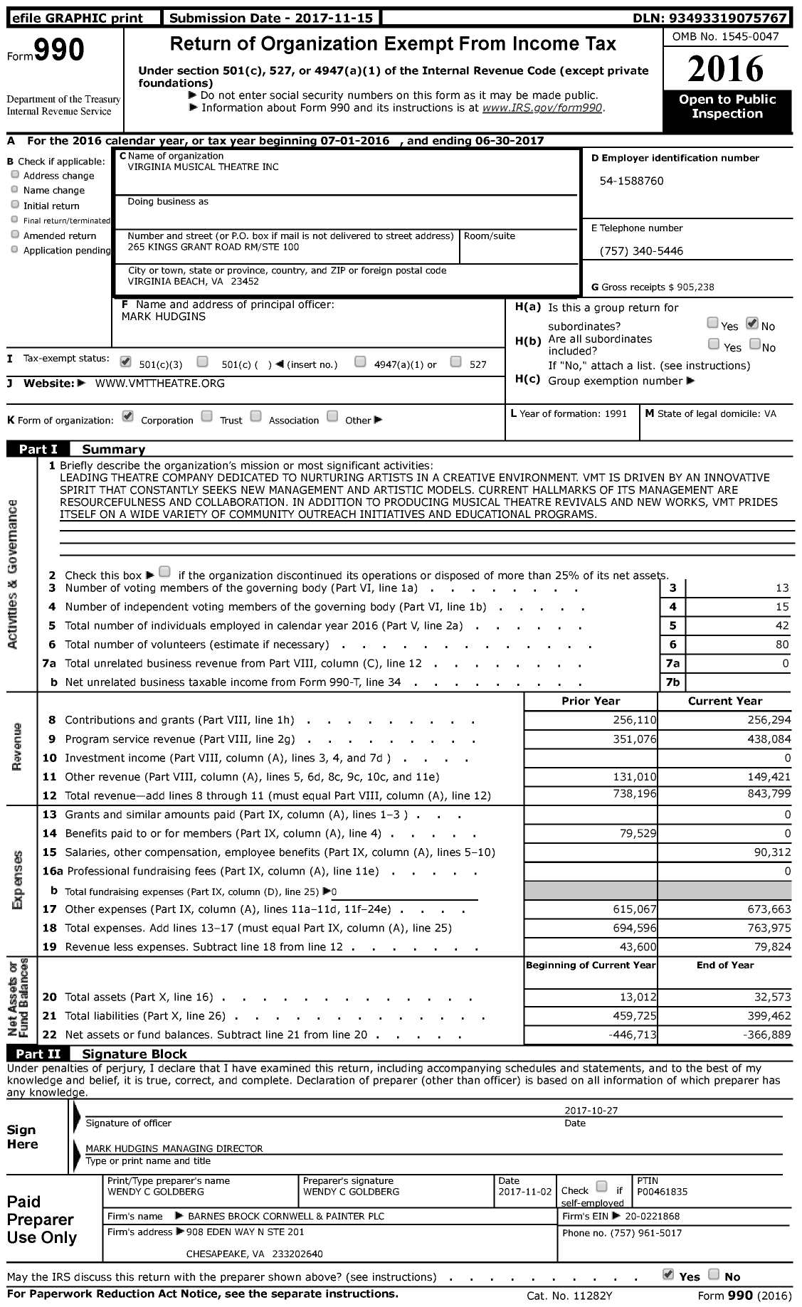 Image of first page of 2016 Form 990 for Virginia Musical Theatre