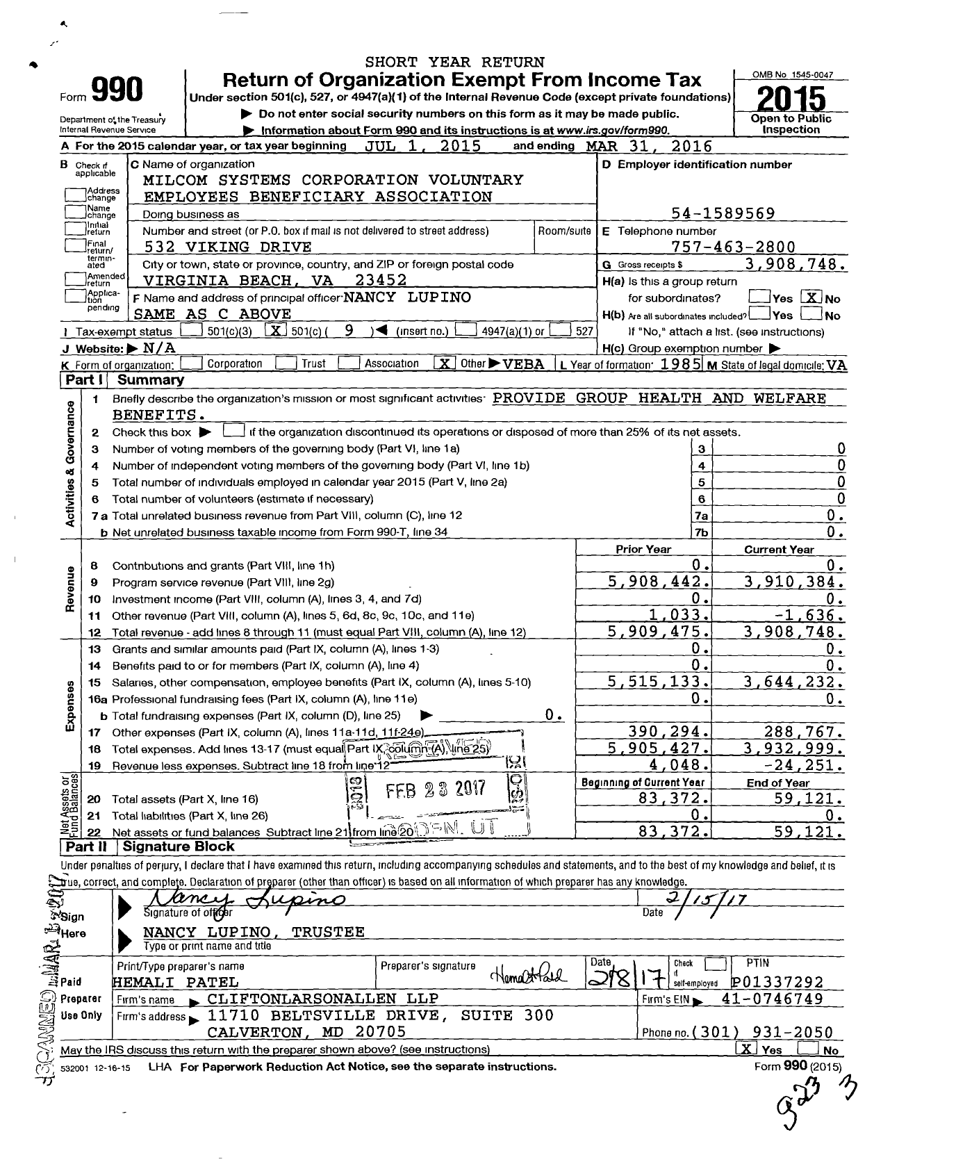Image of first page of 2015 Form 990O for Milcom Systems Corporation Voluntary Employees Beneficiary Association