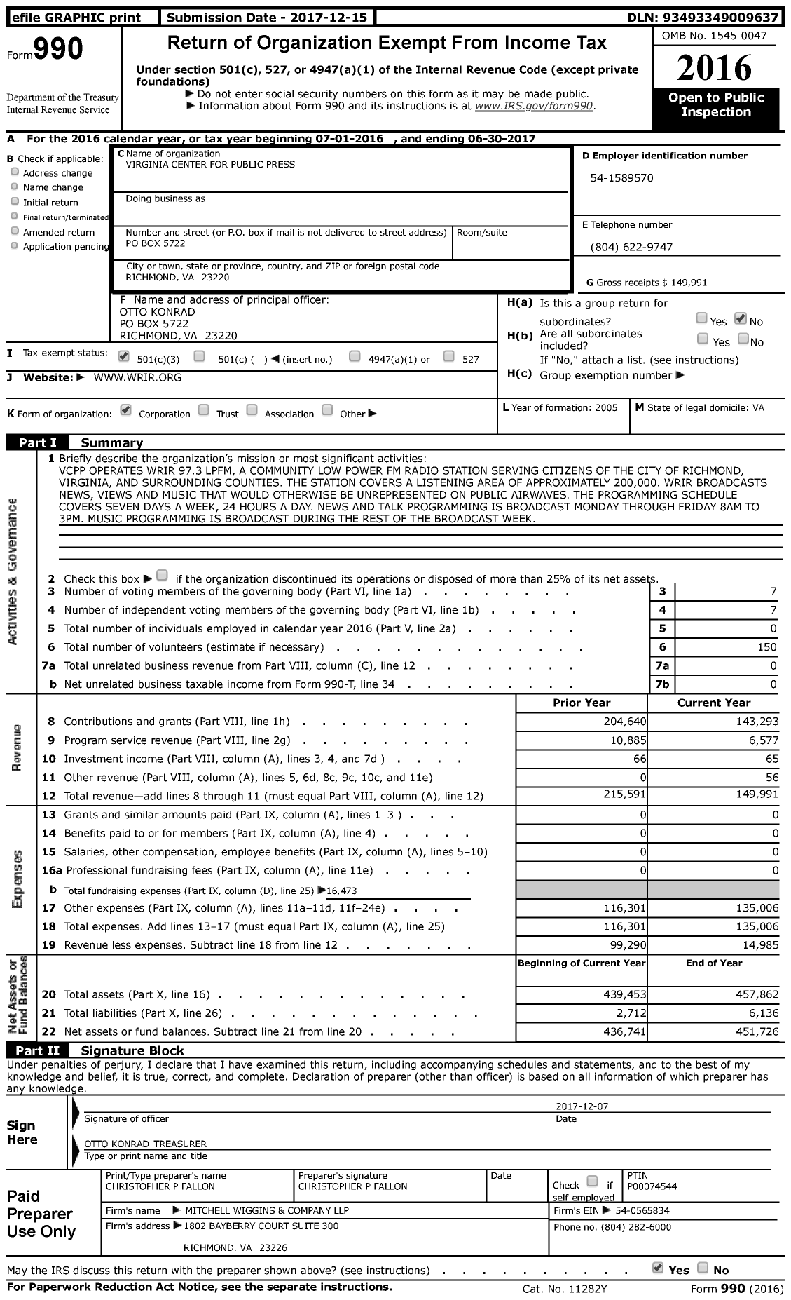 Image of first page of 2016 Form 990 for Virginia Center for Public Press