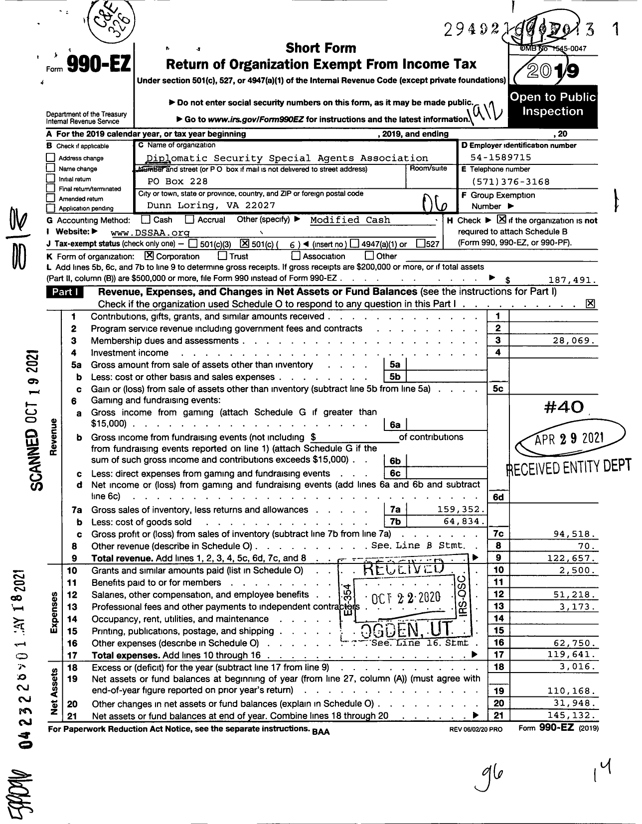 Image of first page of 2019 Form 990EO for Diplomatic Security Special Agents Association (DSSAA)