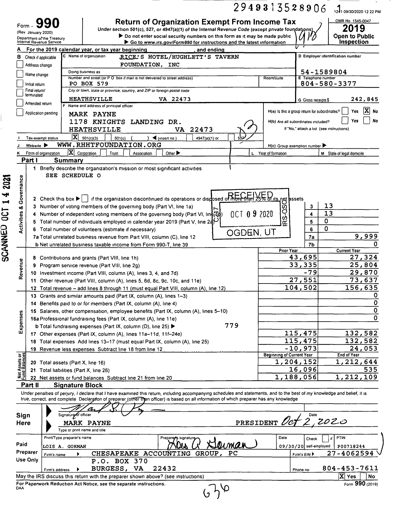 Image of first page of 2019 Form 990 for Rice's Hotelhughlett's Tavern Foundation