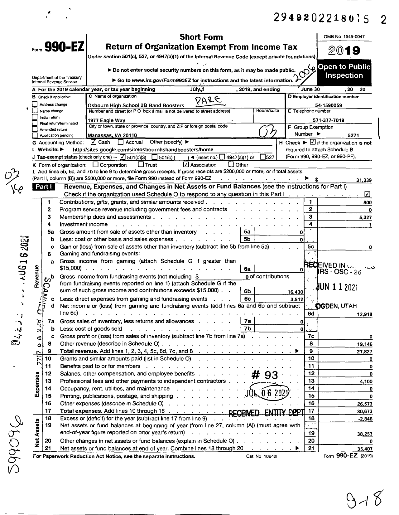 Image of first page of 2019 Form 990EZ for Parent Booster USA - Osbourn High School 2 B Band