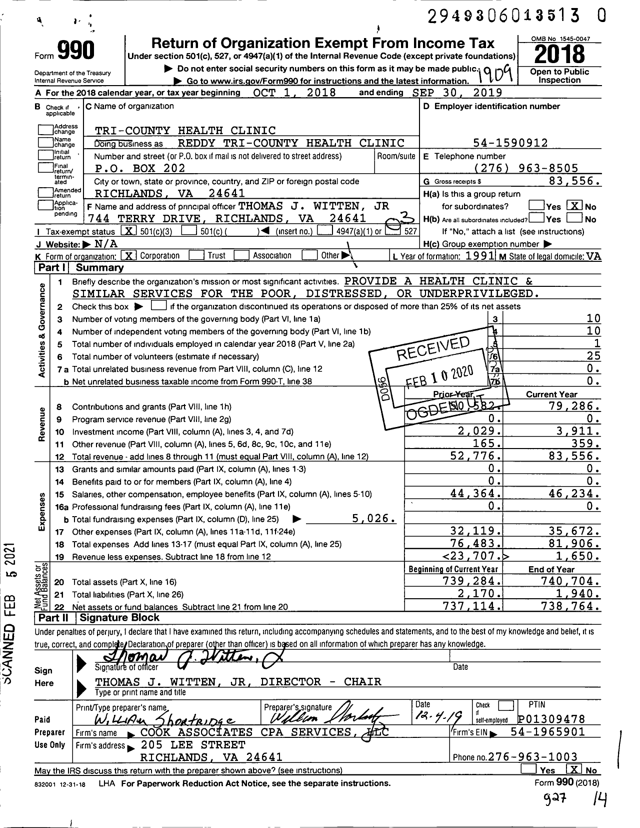 Image of first page of 2018 Form 990 for Reddy Tri-County Health Clinic