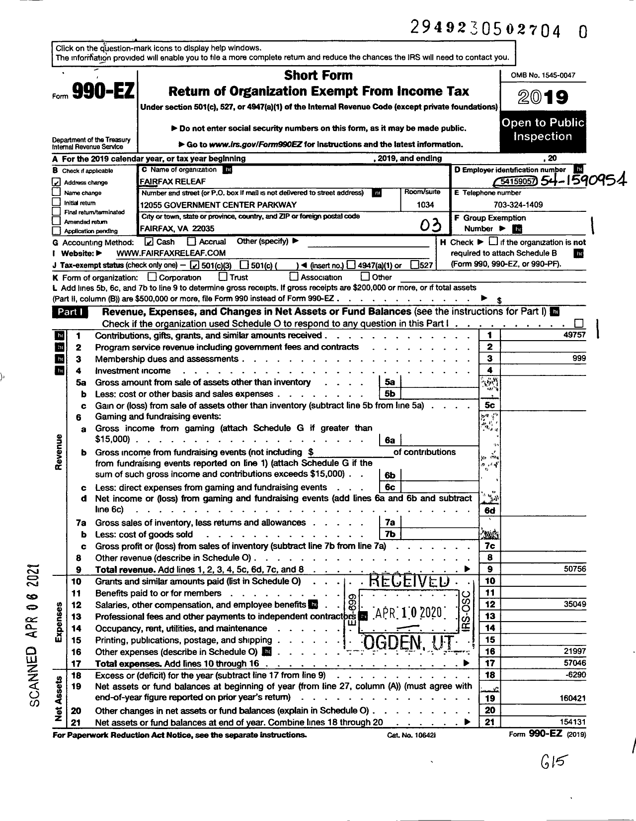 Image of first page of 2019 Form 990EZ for Fairfax Releaf