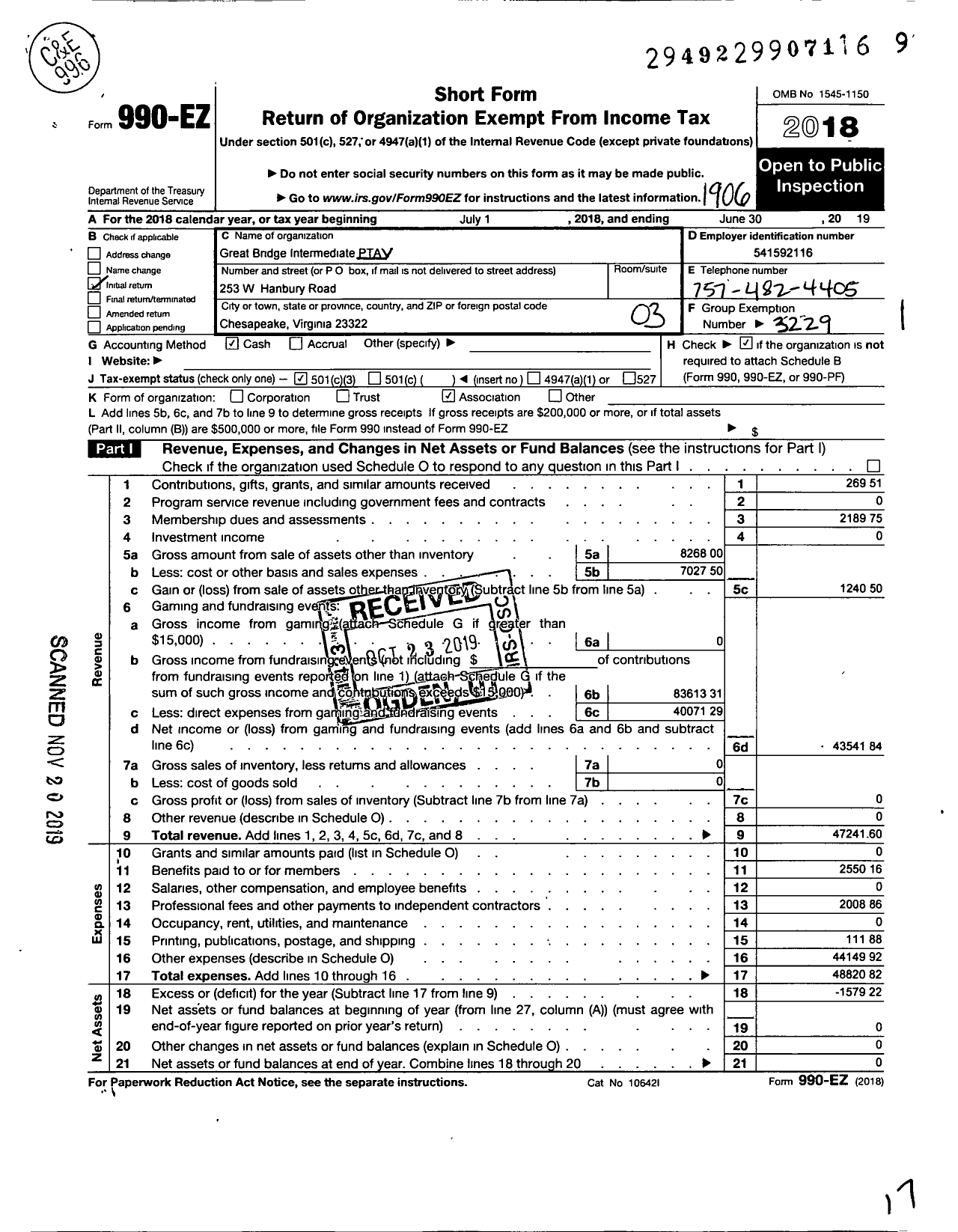 Image of first page of 2018 Form 990EZ for Virginia PTA - Great Bridge Intermediate PTA