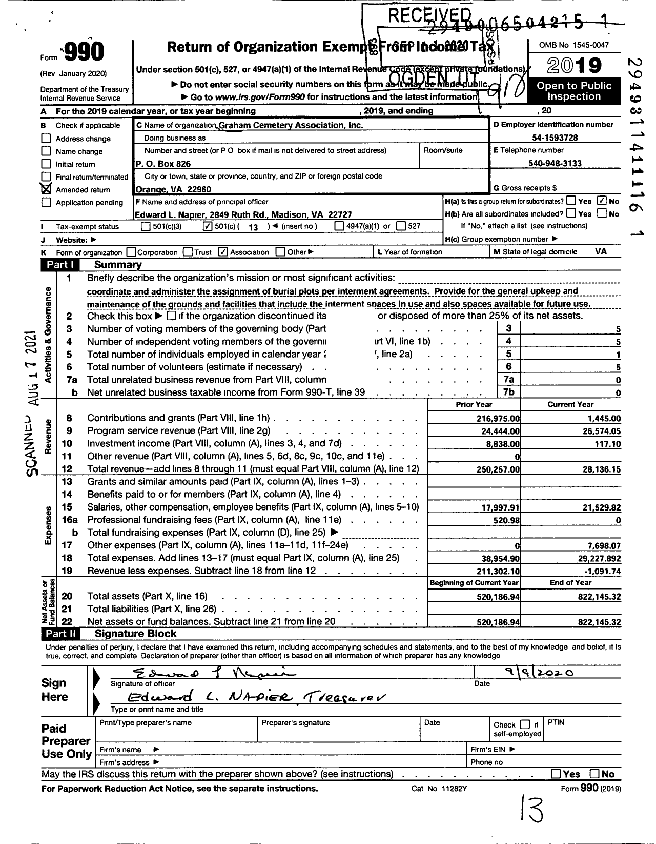 Image of first page of 2019 Form 990O for Graham Cemetery Association