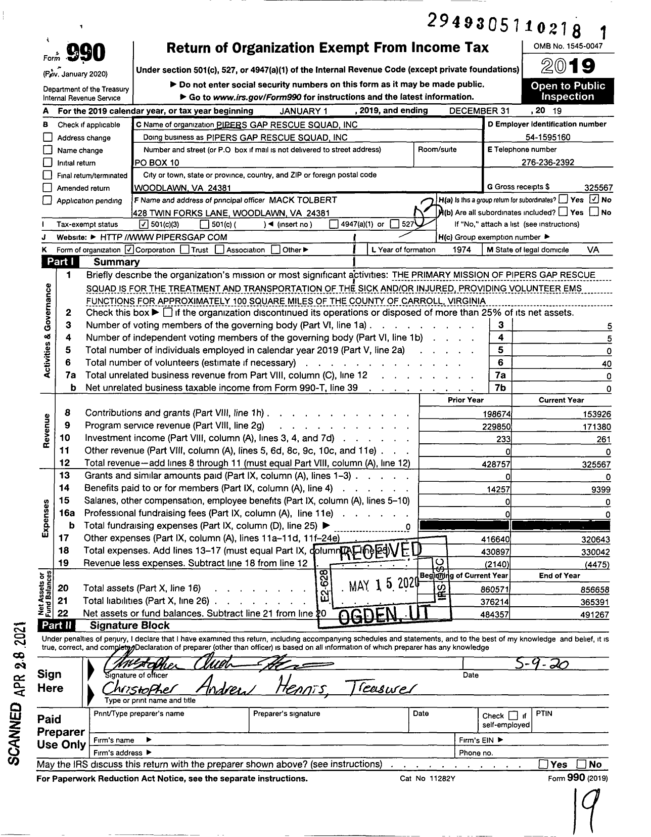 Image of first page of 2019 Form 990 for Pipers Gap Rescue Squad