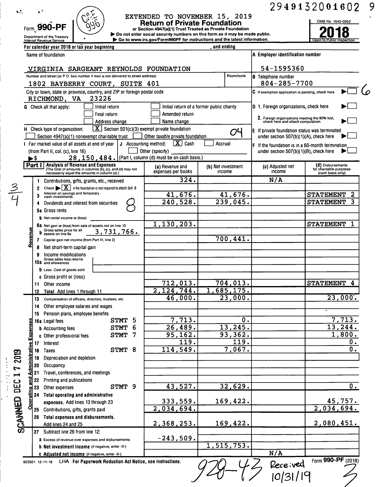 Image of first page of 2018 Form 990PF for Virginia Sargeant Reynolds Foundation