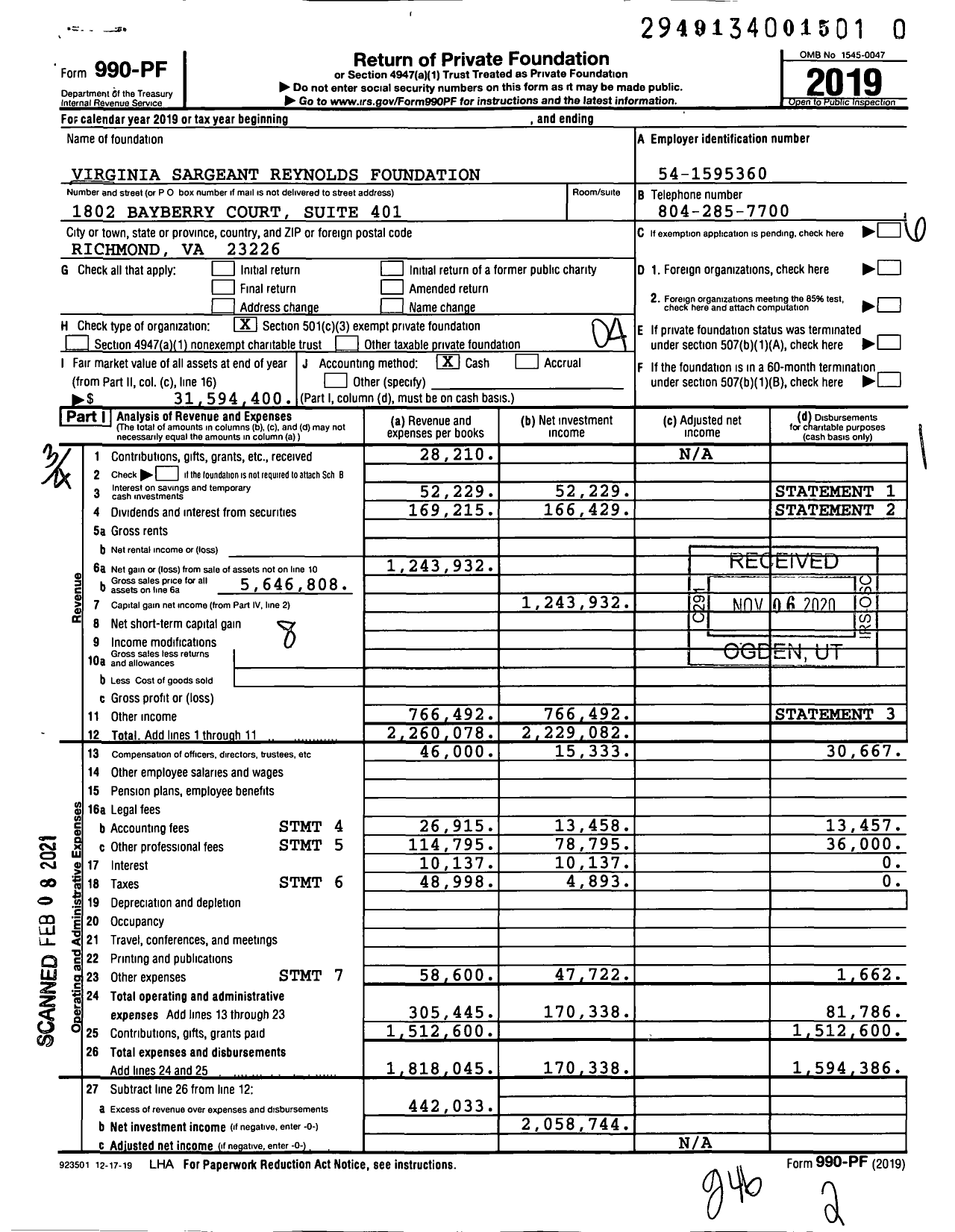 Image of first page of 2019 Form 990PF for Virginia Sargeant Reynolds Foundation