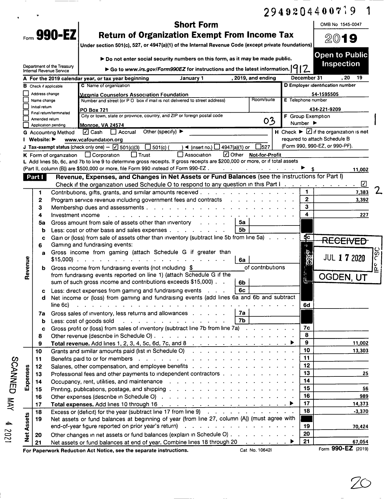 Image of first page of 2019 Form 990EZ for Virginia Counselors Association Foundation