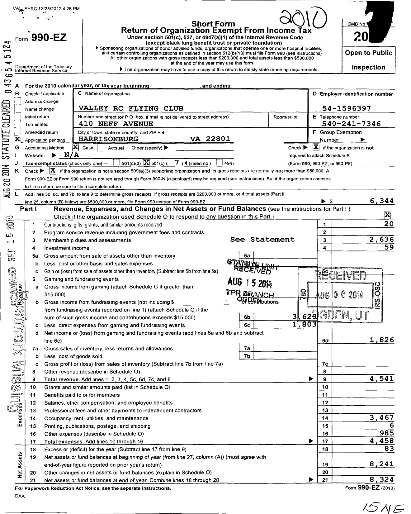 Image of first page of 2010 Form 990EO for Valley RC Flying Club