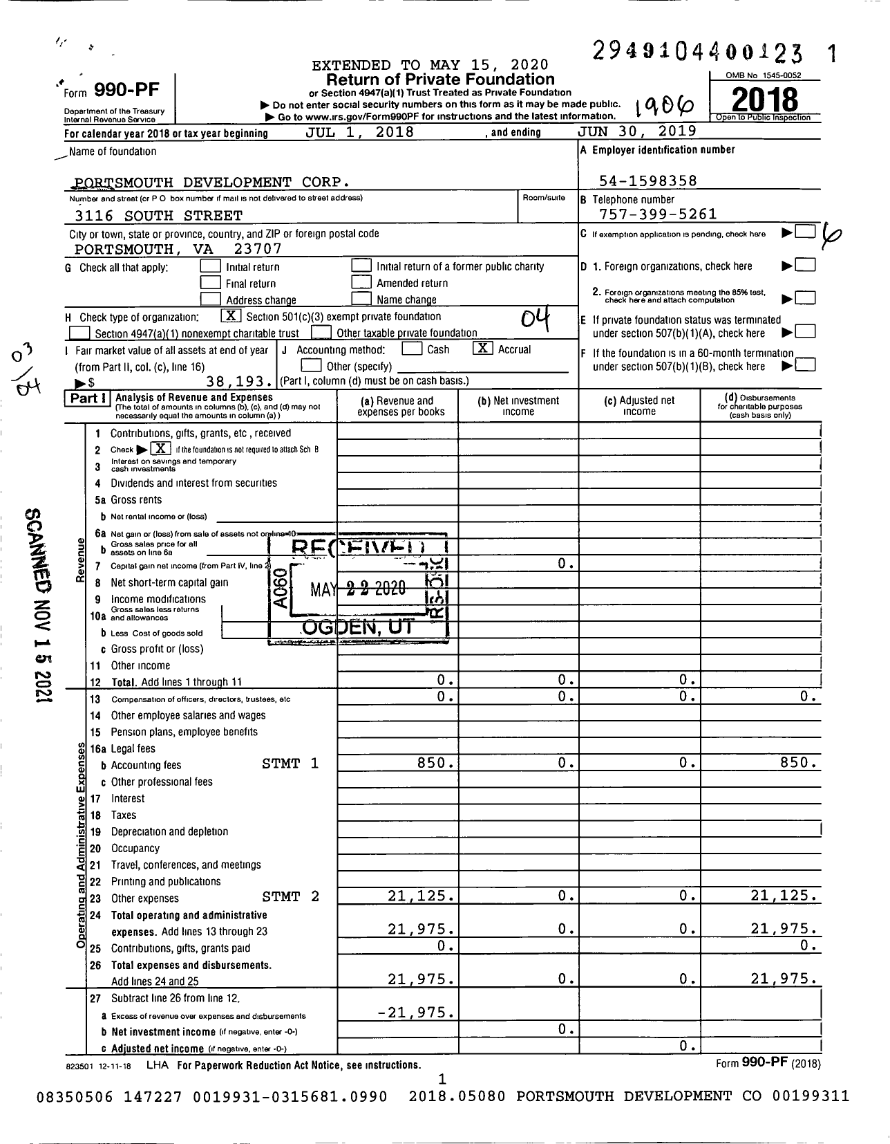 Image of first page of 2018 Form 990PF for Portsmouth Development Corporation