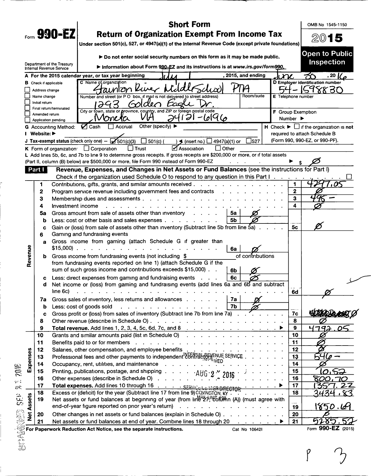 Image of first page of 2015 Form 990EZ for Virginia PTA - Staunton River Middle School PTA