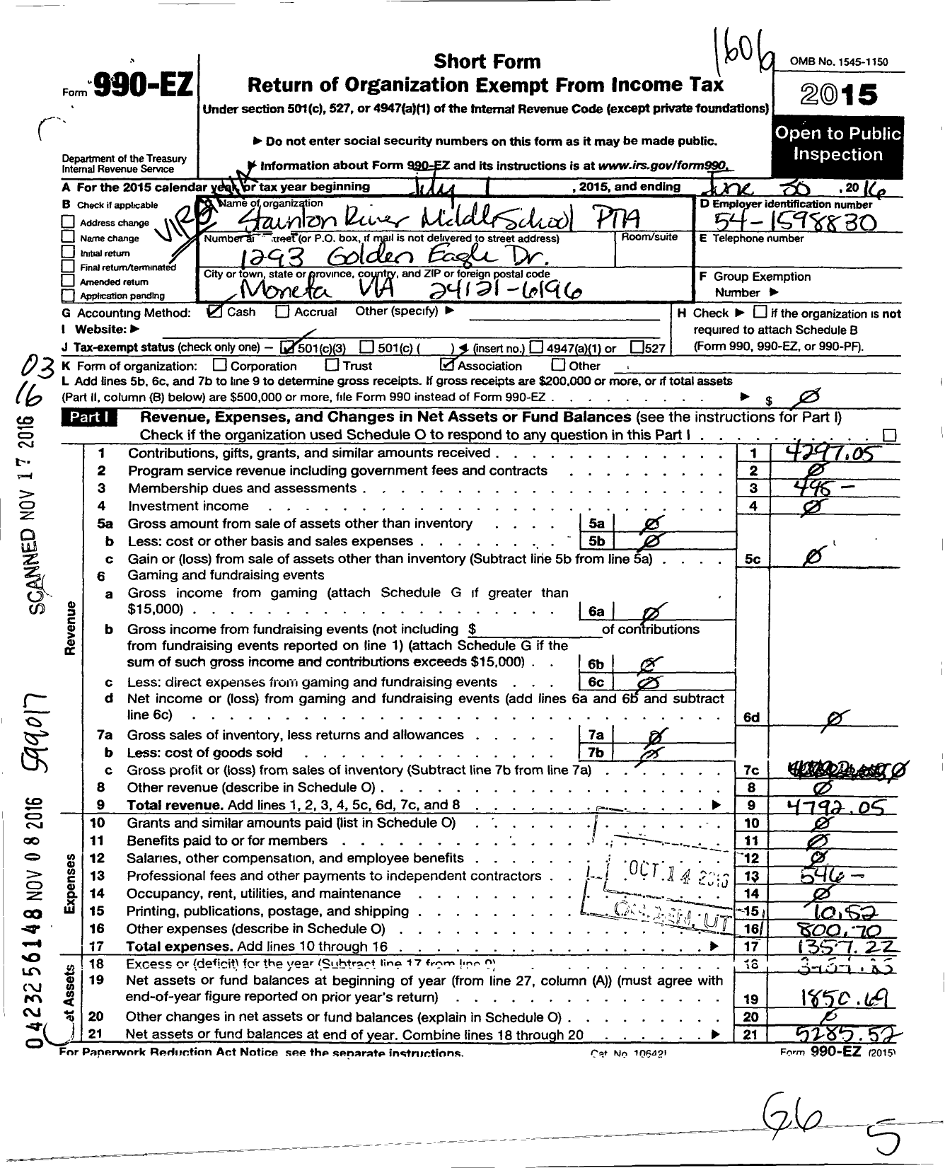 Image of first page of 2015 Form 990EZ for Virginia PTA - Staunton River Middle School PTA