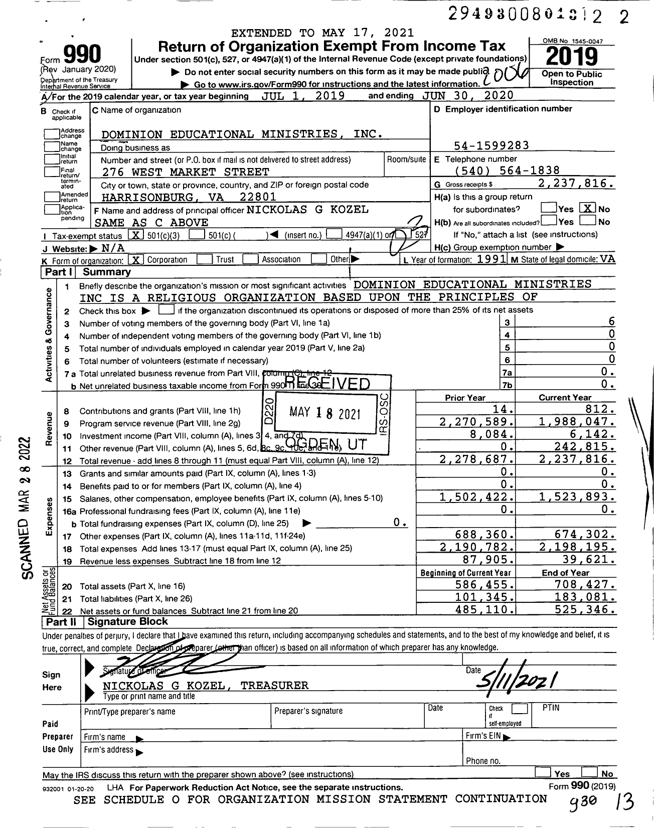 Image of first page of 2019 Form 990 for Dominion Educational Ministries