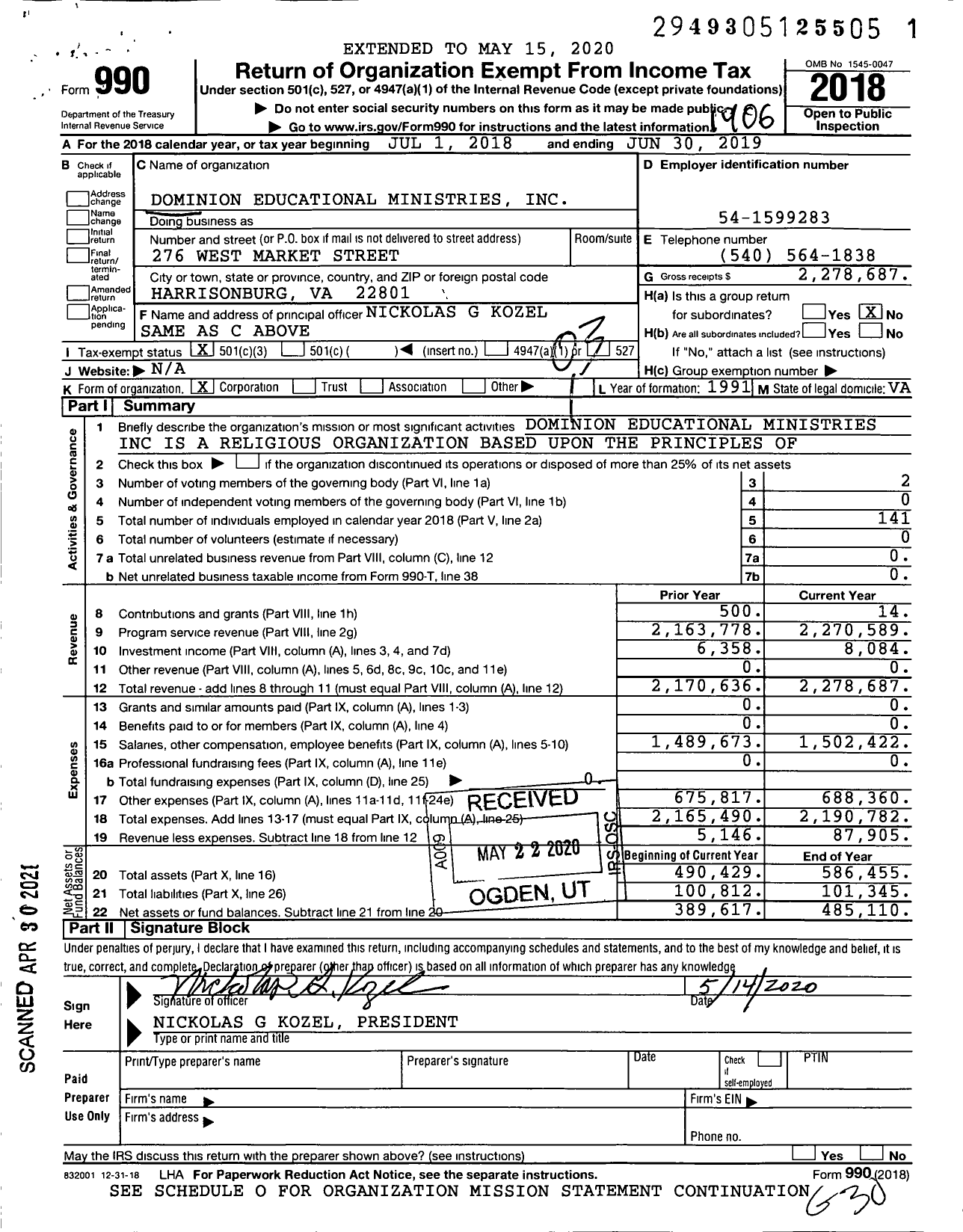 Image of first page of 2018 Form 990 for Dominion Educational Ministries