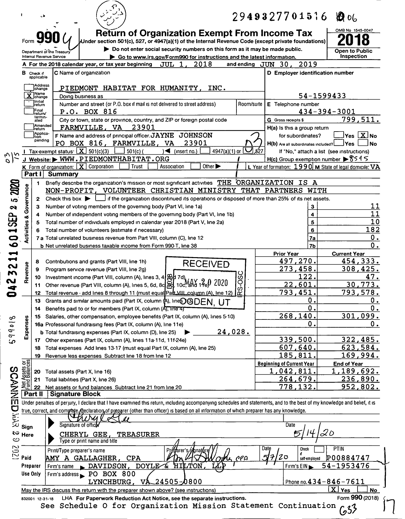 Image of first page of 2018 Form 990 for Habitat for Humanity - Piedmont Habitat for Humanity