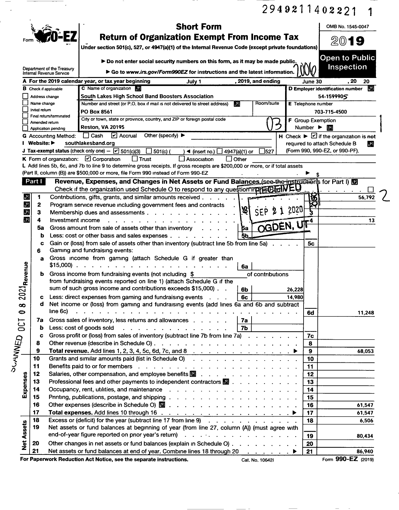 Image of first page of 2019 Form 990EZ for South Lakes High School Band Boosters Association