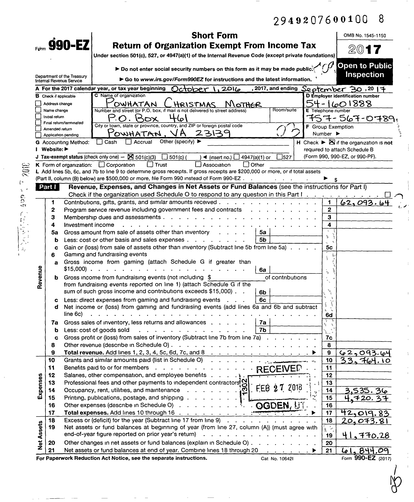 Image of first page of 2016 Form 990EZ for Powhatan Christmas Mother