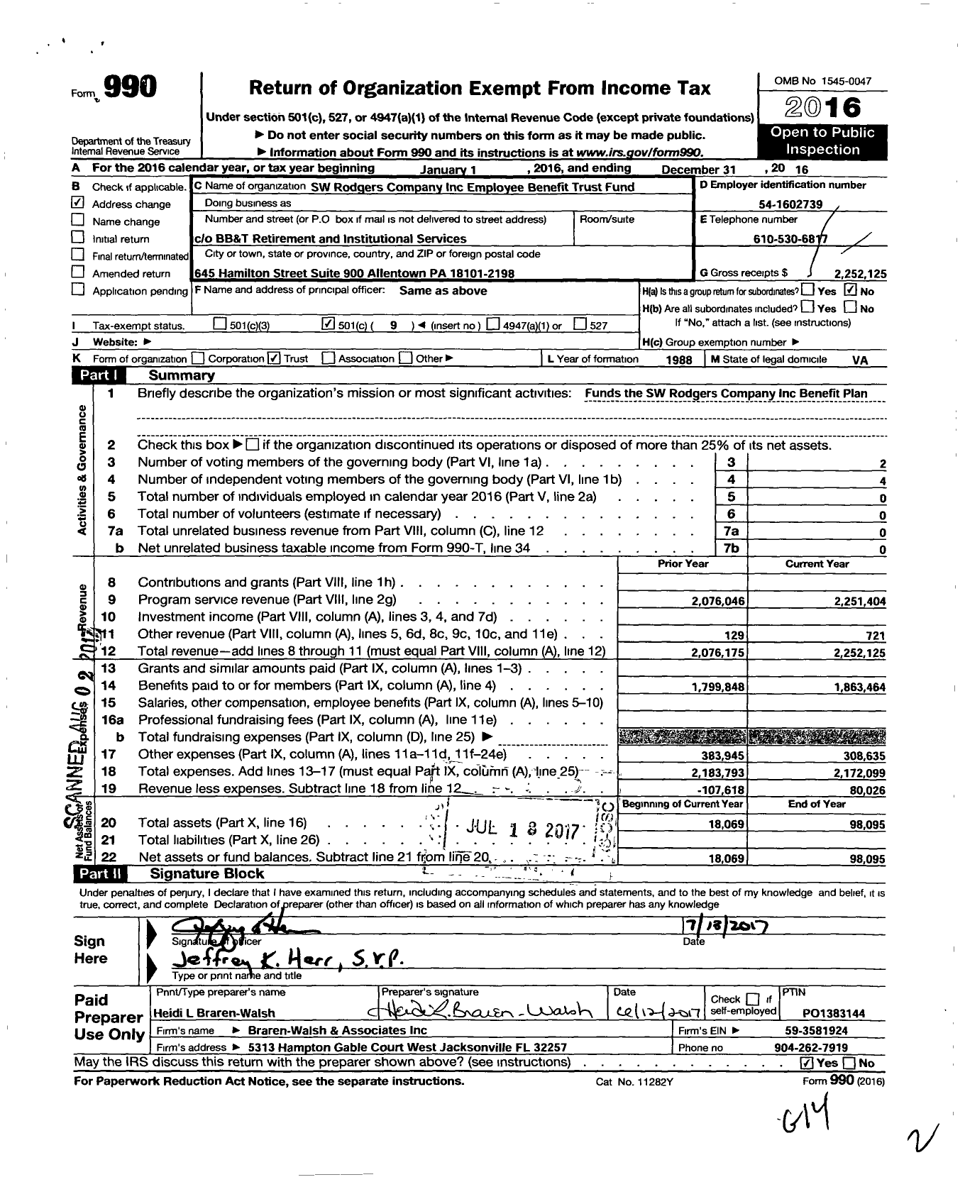 Image of first page of 2016 Form 990O for SW Rodgers Company Employee Benefit Trust Fund