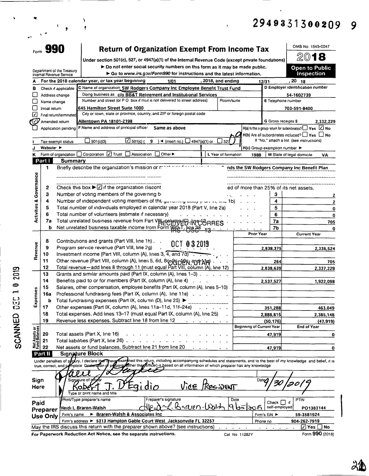 Image of first page of 2018 Form 990O for SW Rodgers Company Employee Benefit Trust Fund