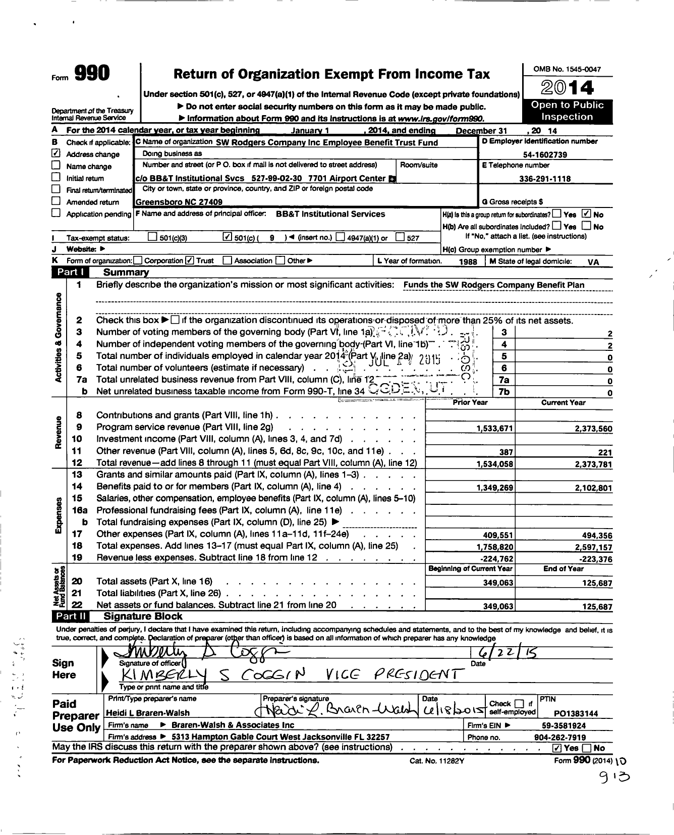 Image of first page of 2014 Form 990O for SW Rodgers Company Employee Benefit Trust Fund