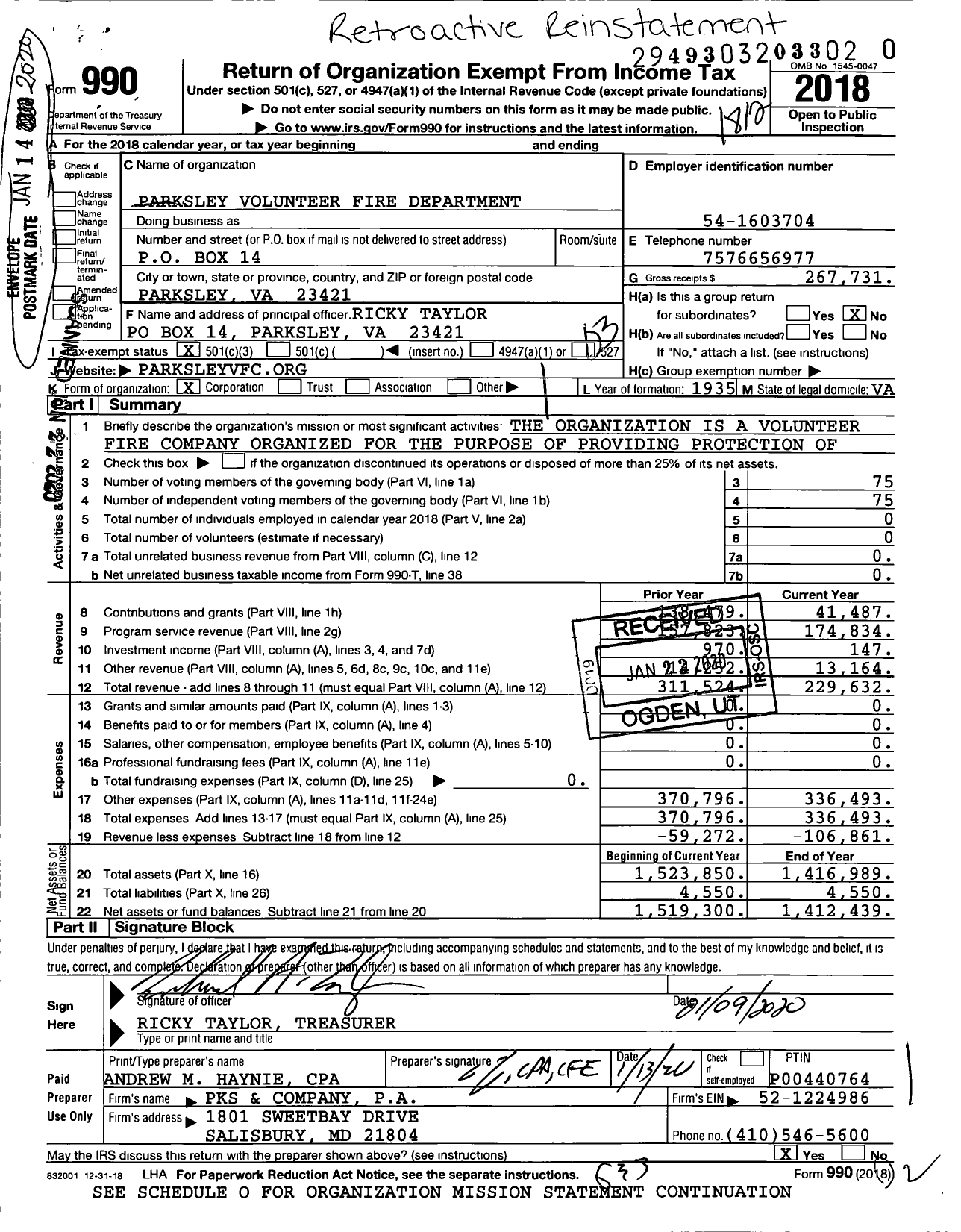 Image of first page of 2018 Form 990 for Parksley Volunteer Fire Department