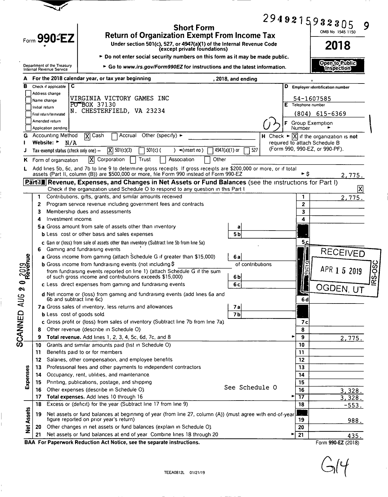 Image of first page of 2018 Form 990EZ for Virginia Victory Games