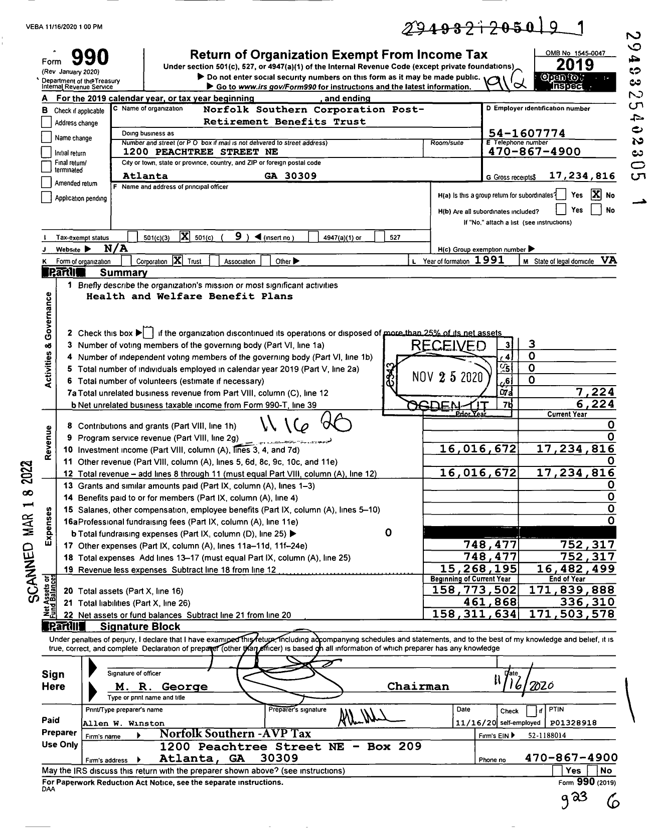 Image of first page of 2019 Form 990O for Norfolk Southern Corporation Post- Retirement Benefits Trust