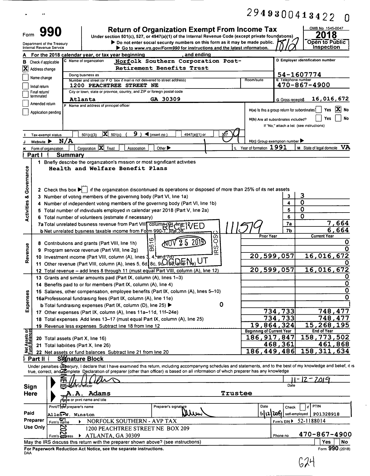 Image of first page of 2018 Form 990O for Norfolk Southern Corporation Post- Retirement Benefits Trust