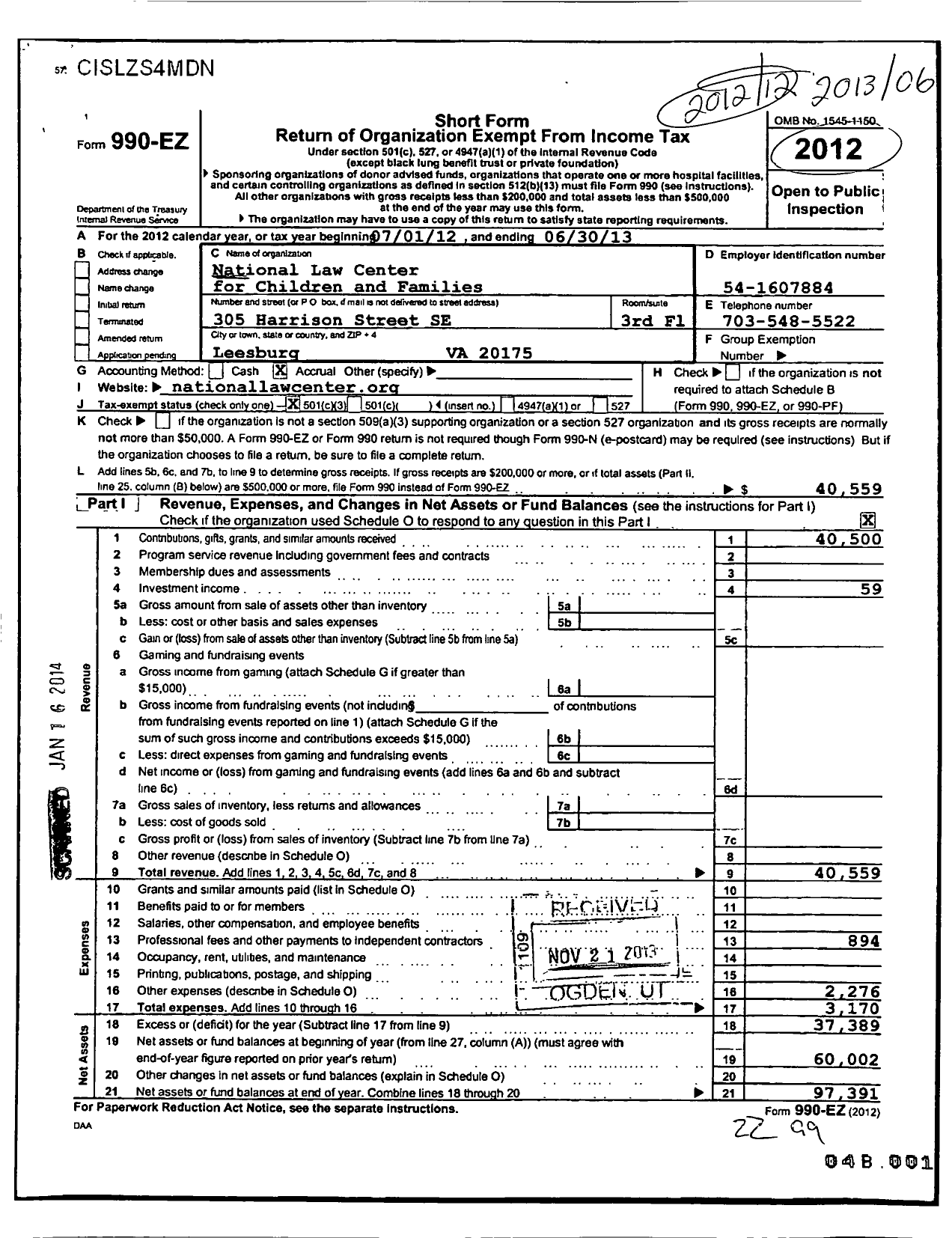 Image of first page of 2012 Form 990EZ for National Law Center for Children and Families