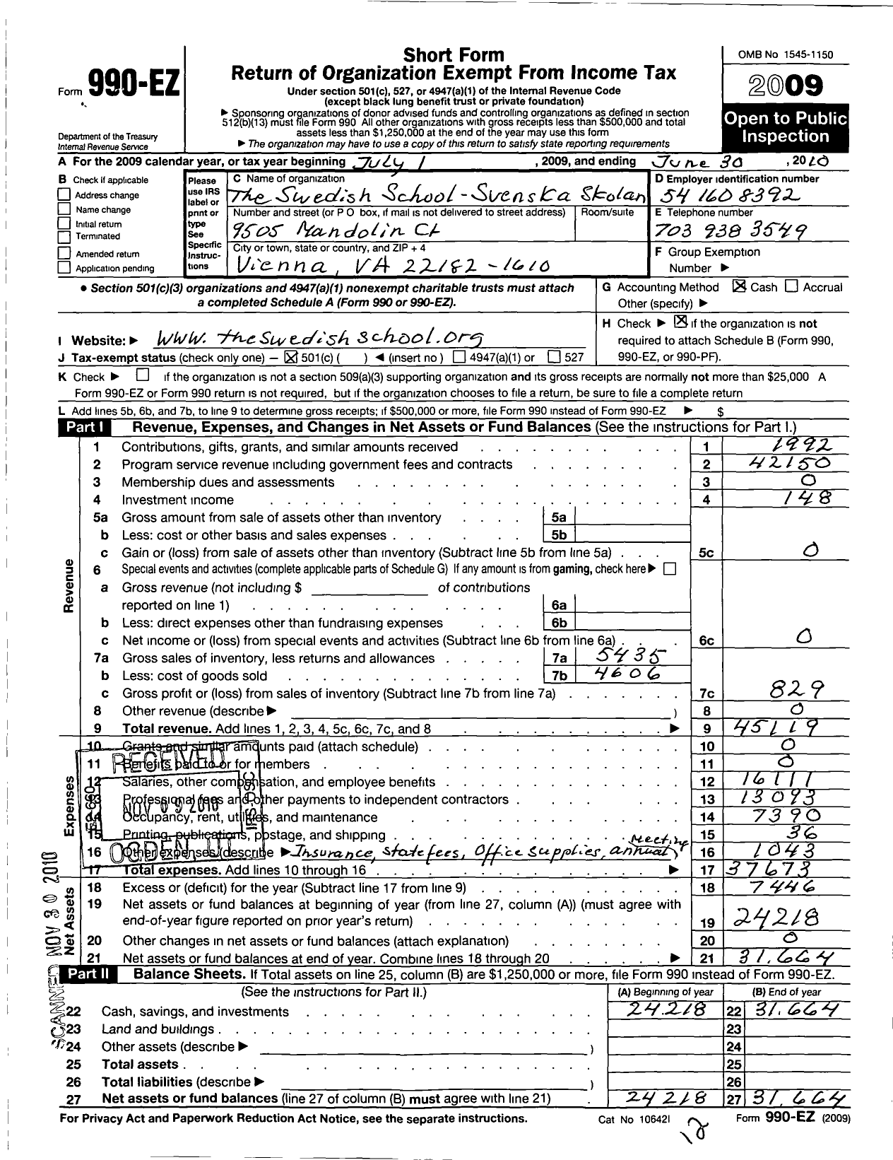 Image of first page of 2009 Form 990EO for Swedish School Svenska Skolan