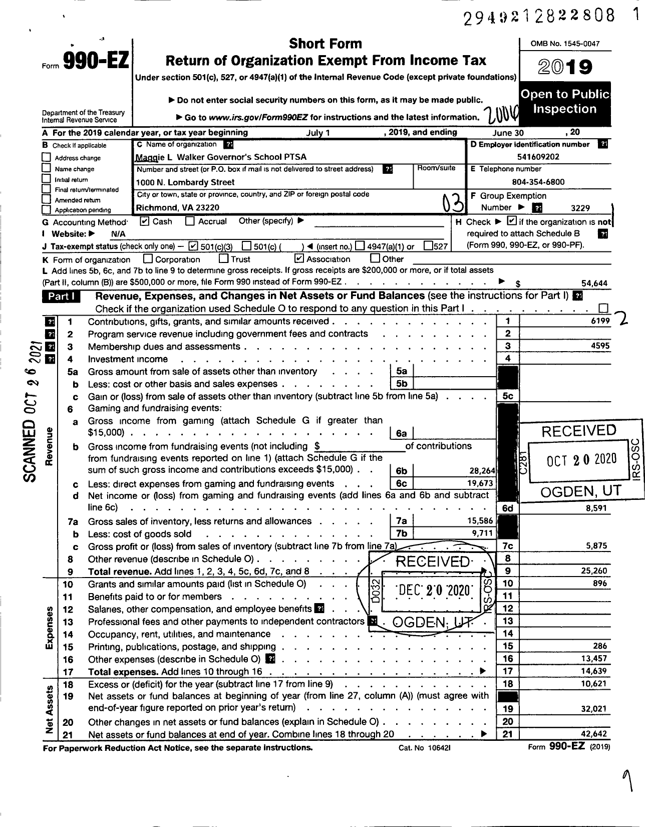 Image of first page of 2019 Form 990EZ for VIRGINIA PTA - Maggie L Walker Gov School Intl STD