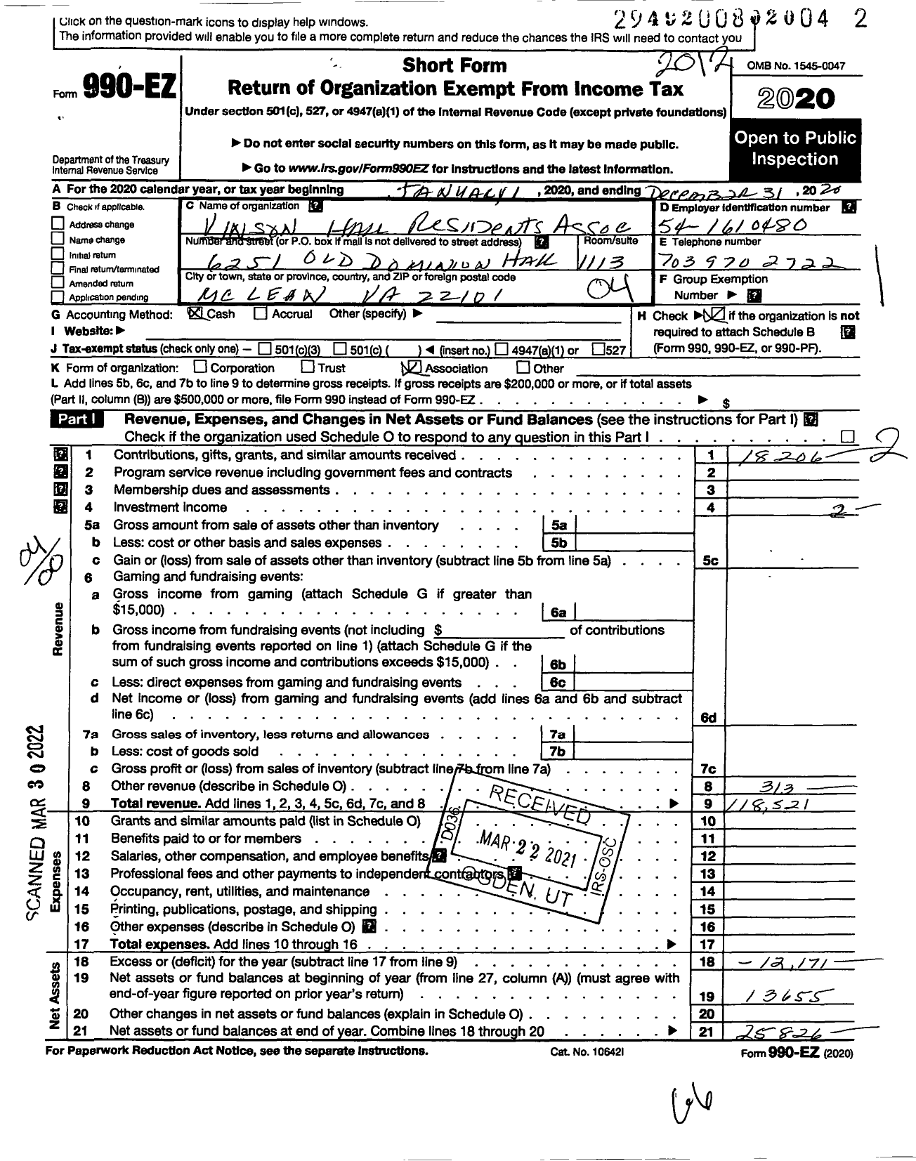 Image of first page of 2020 Form 990EO for Vinson Hall Residents' Association