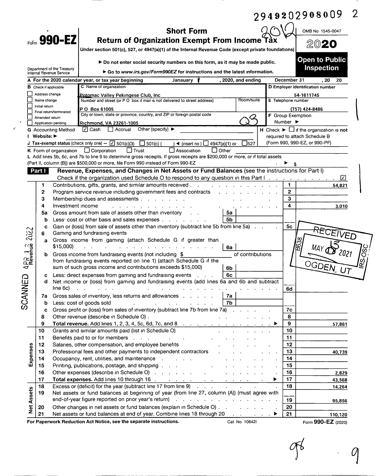 Image of first page of 2020 Form 990EZ for Potomac Valley Pekingese Club