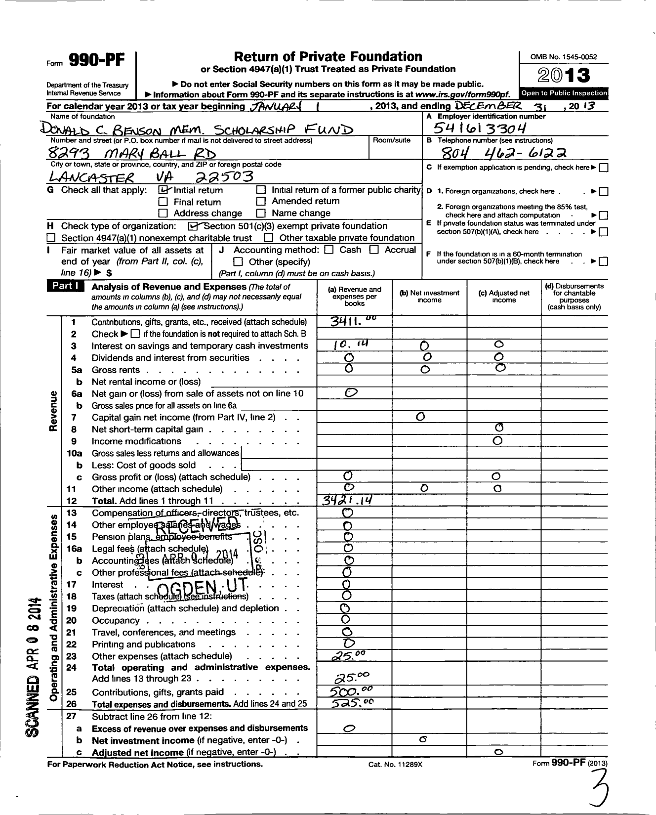 Image of first page of 2013 Form 990PF for Donald C Benson Memorial Scholarship Fund