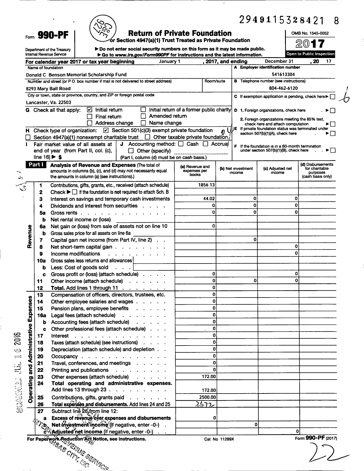 Image of first page of 2017 Form 990PF for Donald C Benson Memorial Scholarship Fund