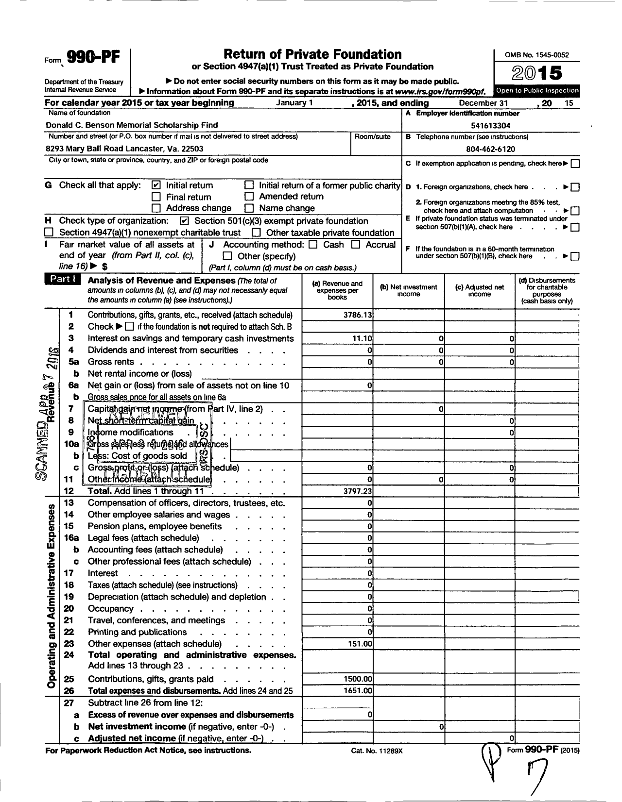 Image of first page of 2015 Form 990PF for Donald C Benson Memorial Scholarship Fund