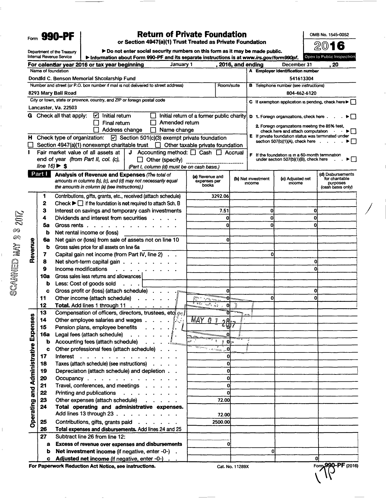 Image of first page of 2016 Form 990PF for Donald C Benson Memorial Scholarship Fund