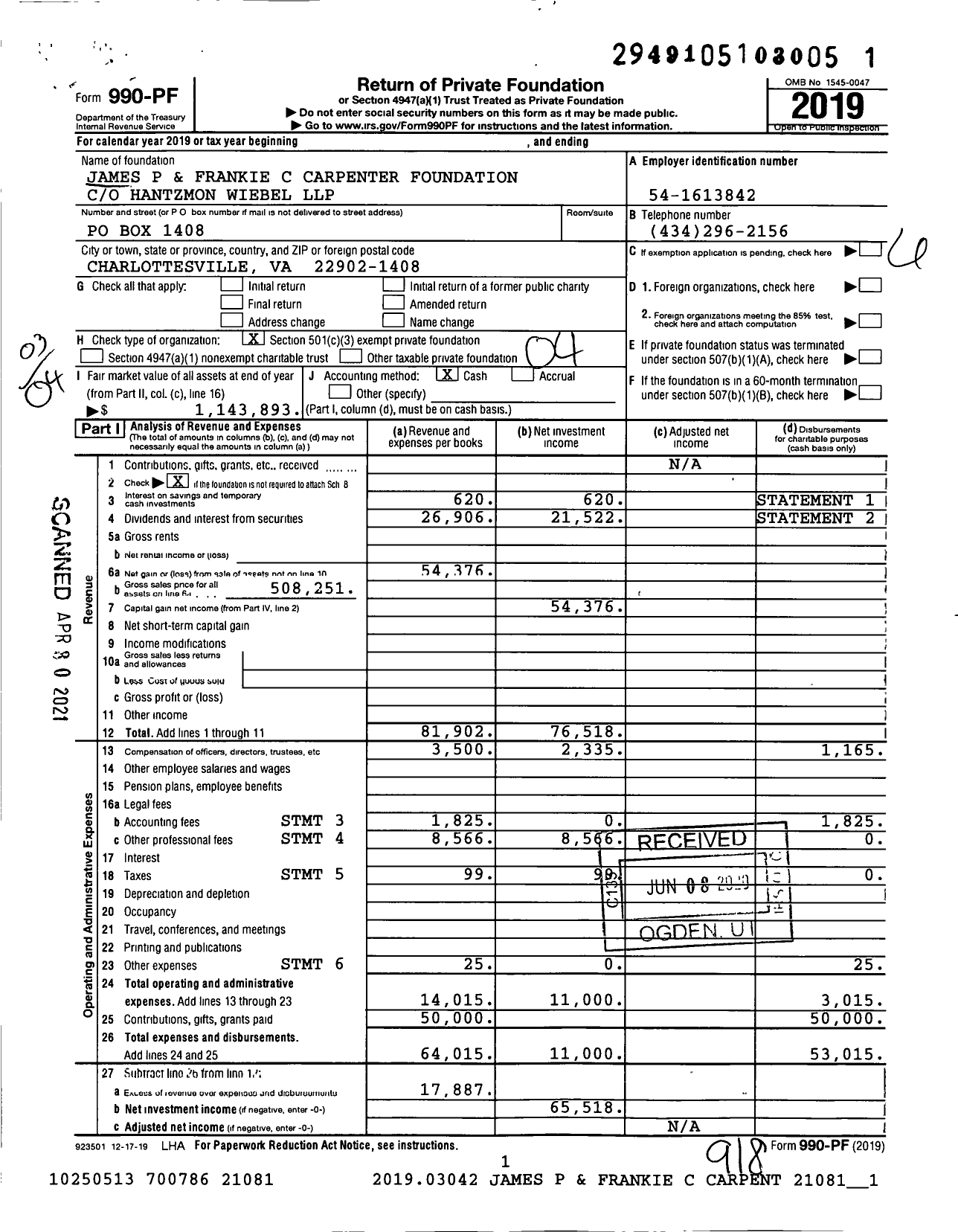 Image of first page of 2019 Form 990PF for James P and Frankie C Carpenter Foundation