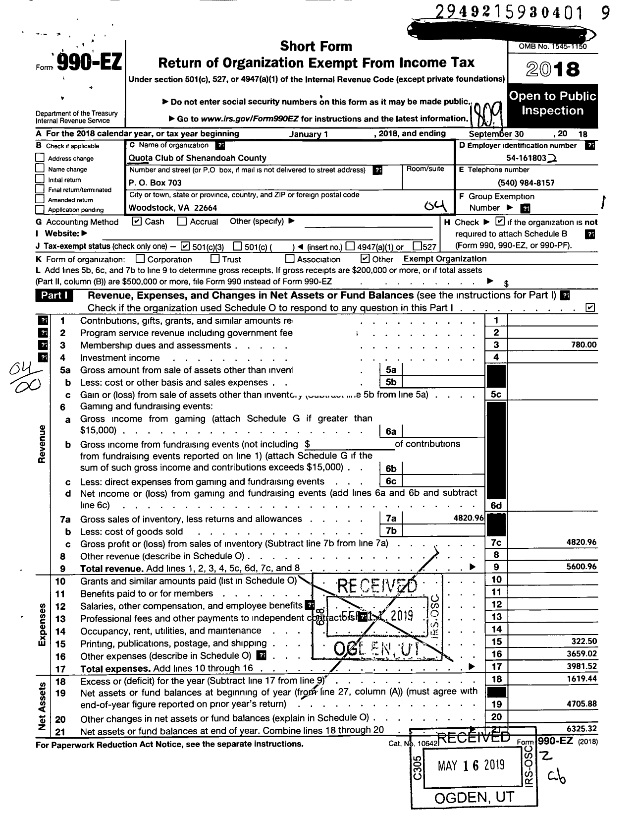 Image of first page of 2017 Form 990EO for Quota Club International / Shenandoah County