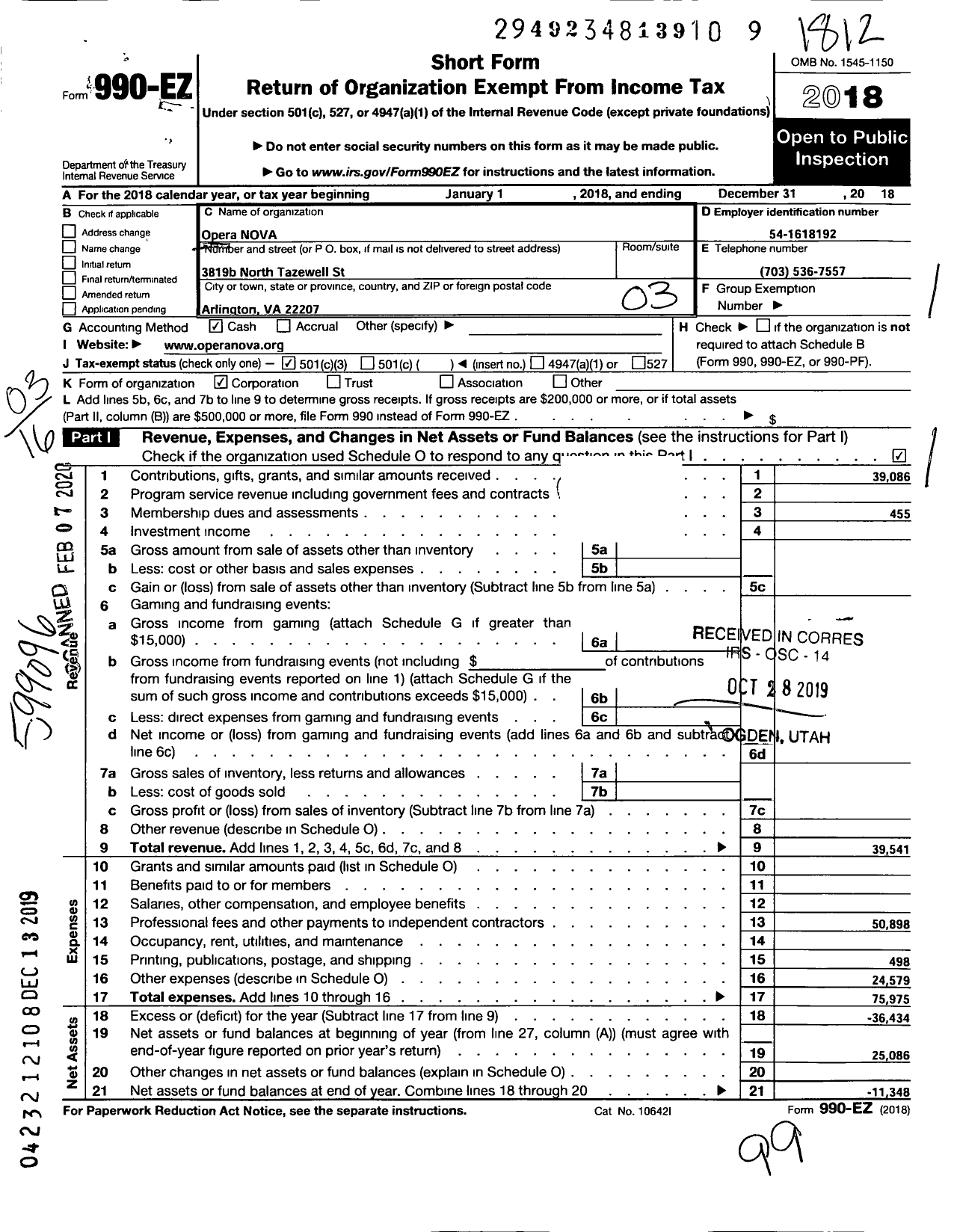 Image of first page of 2018 Form 990EZ for Opera Nova