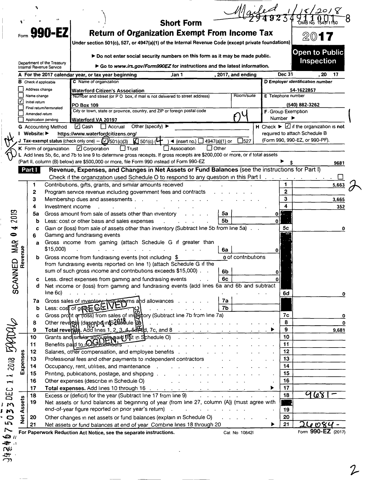 Image of first page of 2017 Form 990EO for Waterford Citizens Association