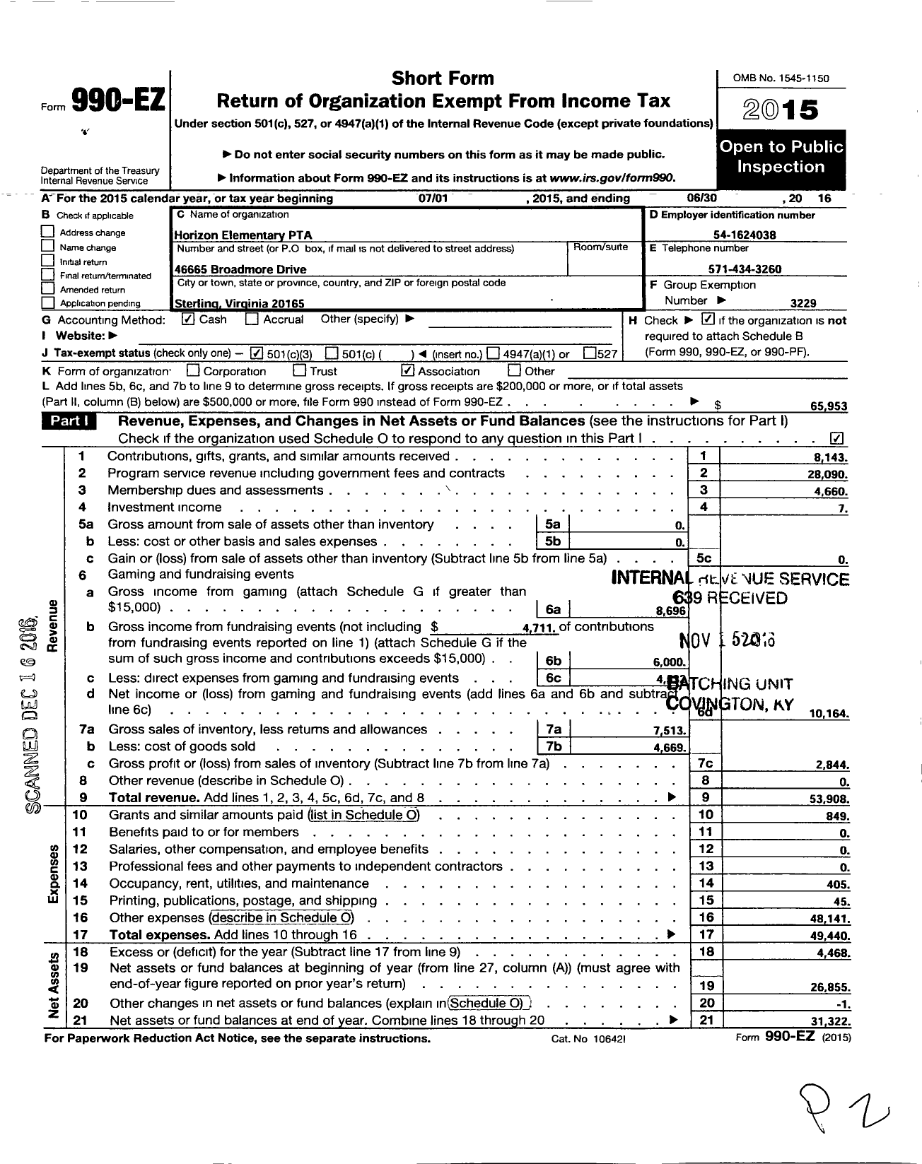 Image of first page of 2015 Form 990EZ for Virginia PTA - Horizon Elementary PTA