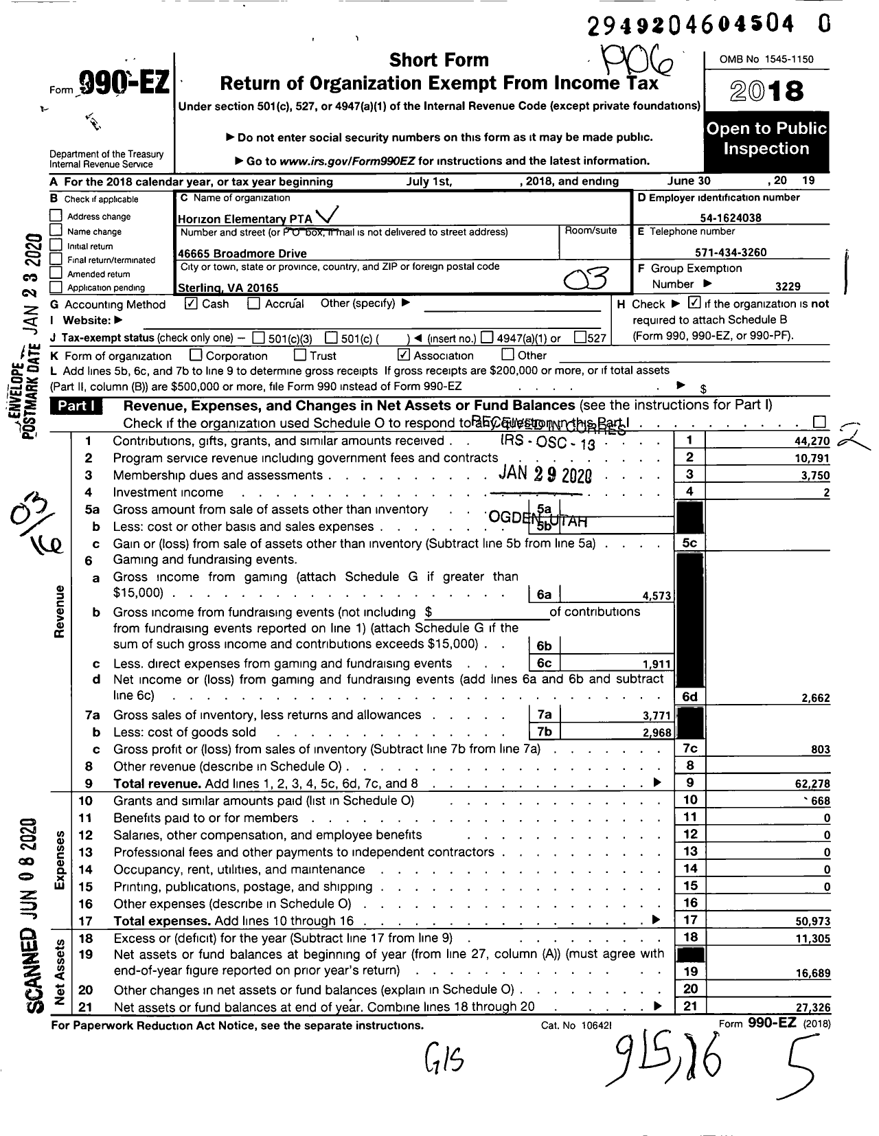 Image of first page of 2018 Form 990EZ for Virginia PTA - Horizon Elementary PTA