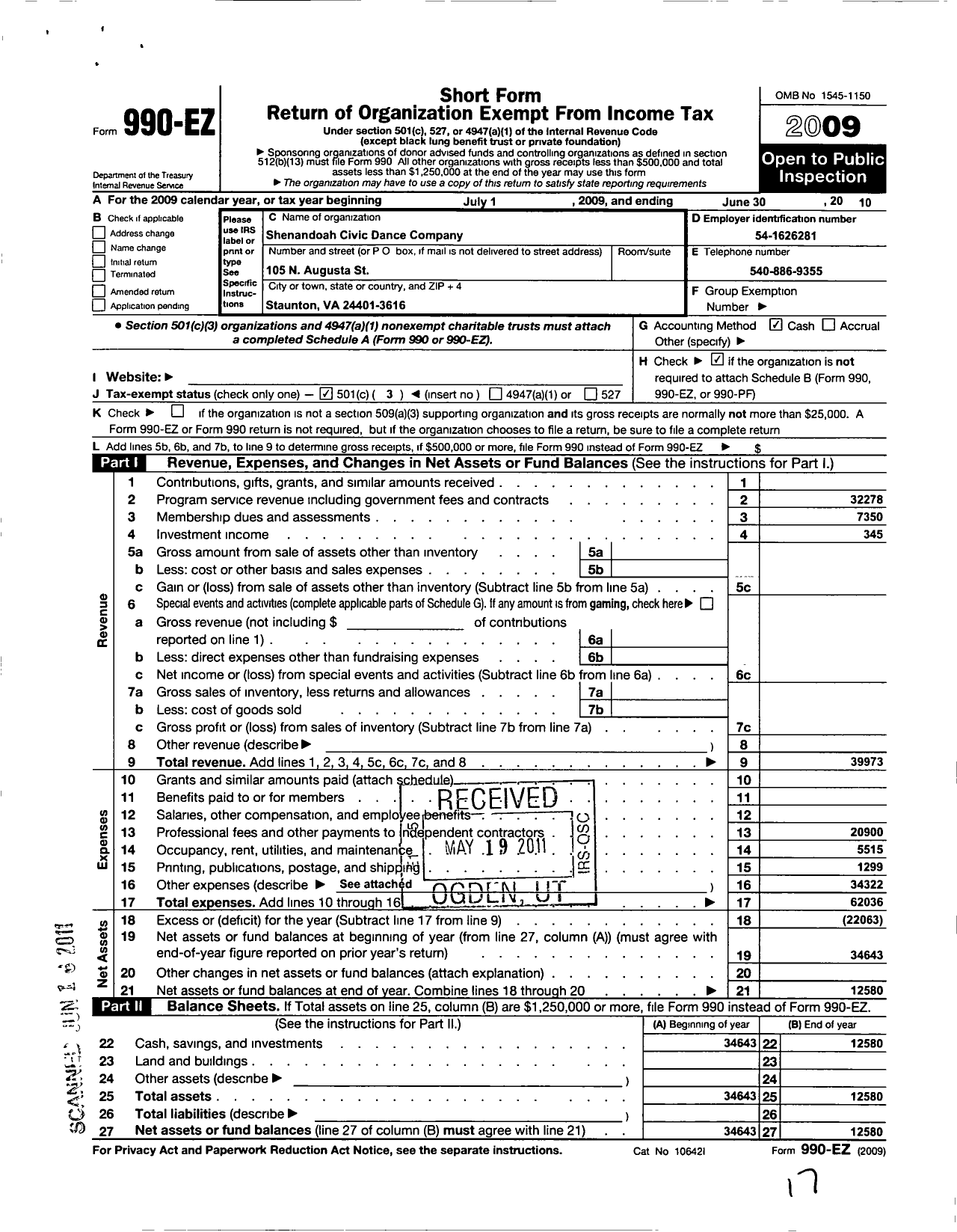 Image of first page of 2009 Form 990EZ for Shenandoah Civic Dance